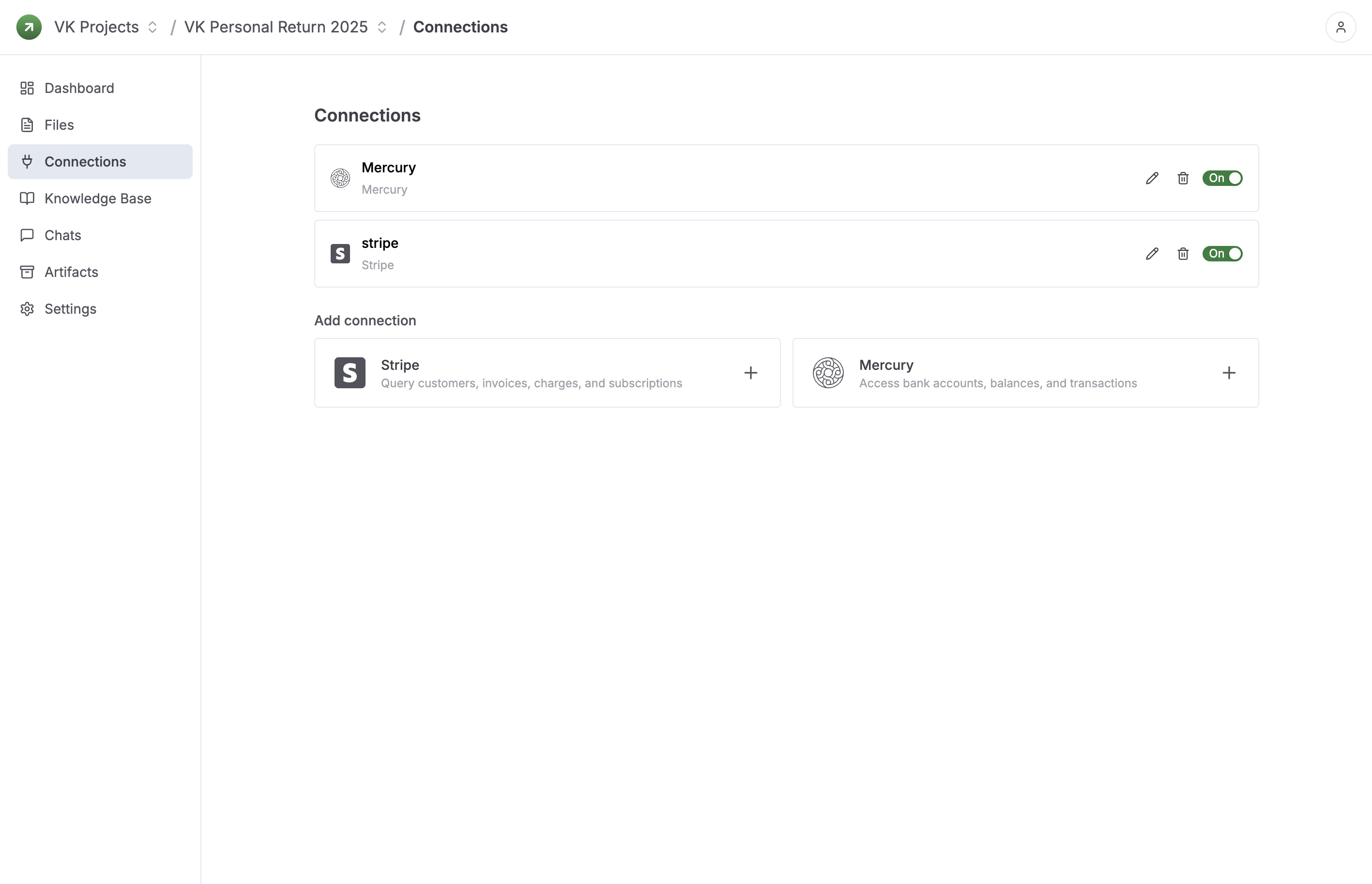 Connections page used to answer finance questions from source data